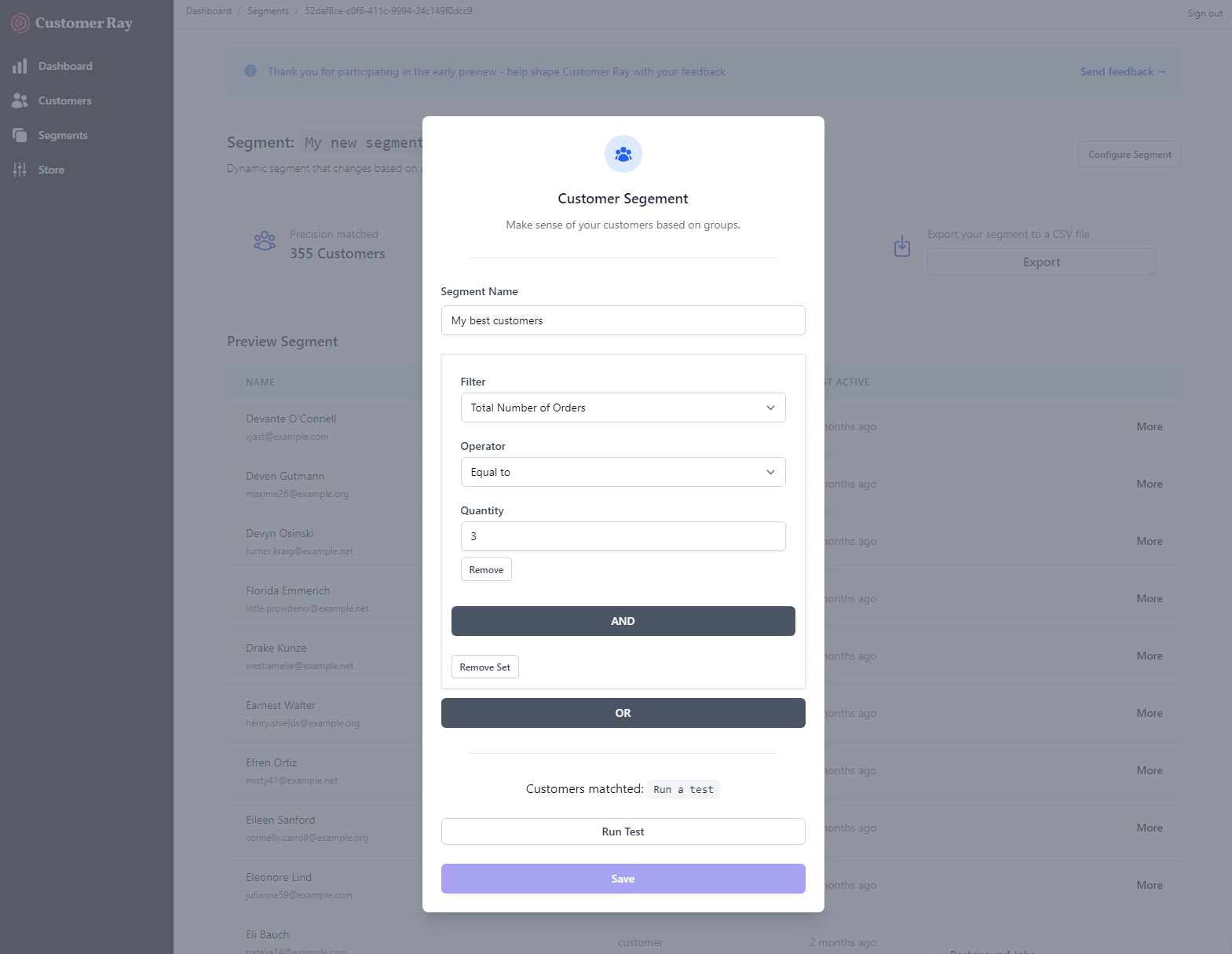 Customer Ray Segment Configuration Screenshot